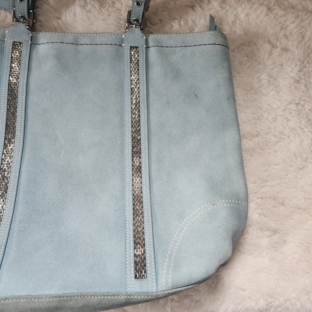 Vintage Coach Powder Blue Gallery Tote Soft Split Suede Metallic Beaded Trim Y2K - Picture 12 of 16